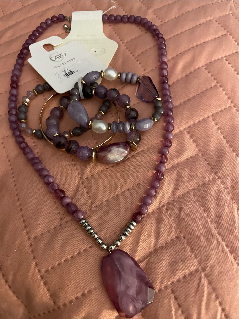 Cato Lavender Beaded Pendant Necklace and 4 Piece Bracelet Set NWT